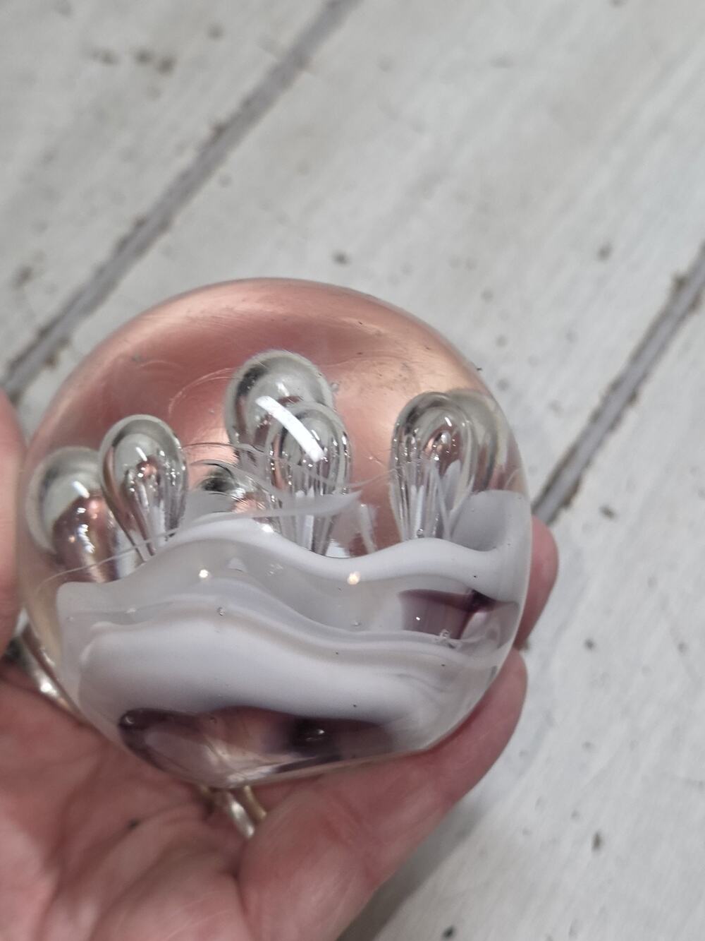 Vintage Clear & White Art Glass Paperweight Controlled Bubbles 3.25" Desk Decor